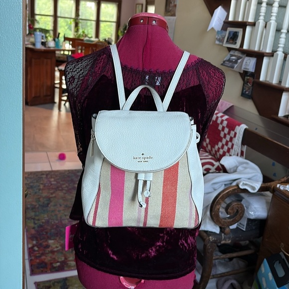 Kate Spade. Backpackl  Small  striped tweed.  White leather  Pocket in flap EUC. - Picture 6 of 17